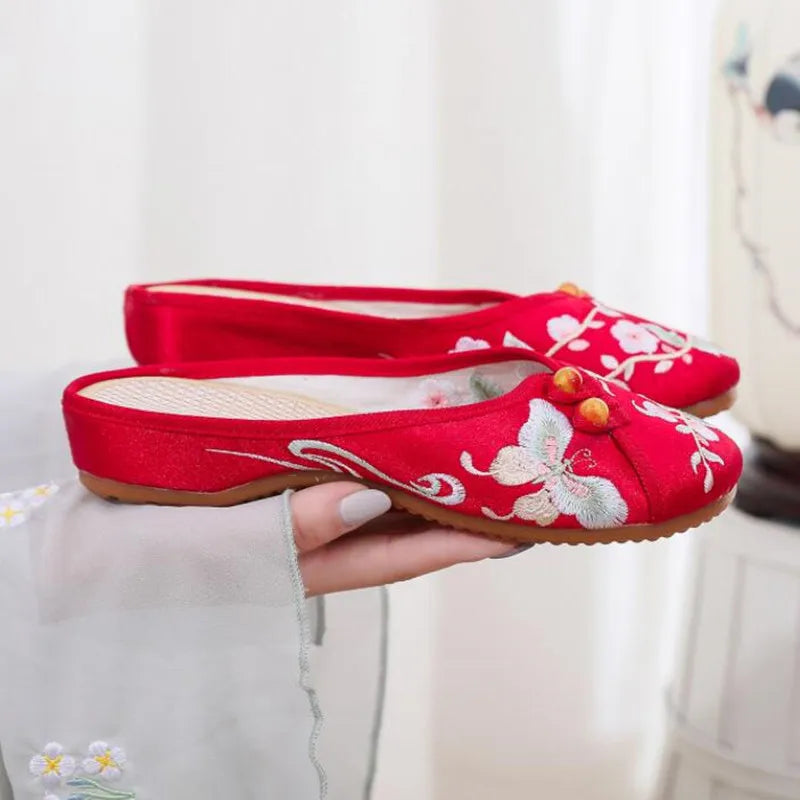 Ethnic Embroidered Satin Slippers for Women Summer Vintage Slides Ladies Dress Shoes Female Closed Toe Backless Sandals