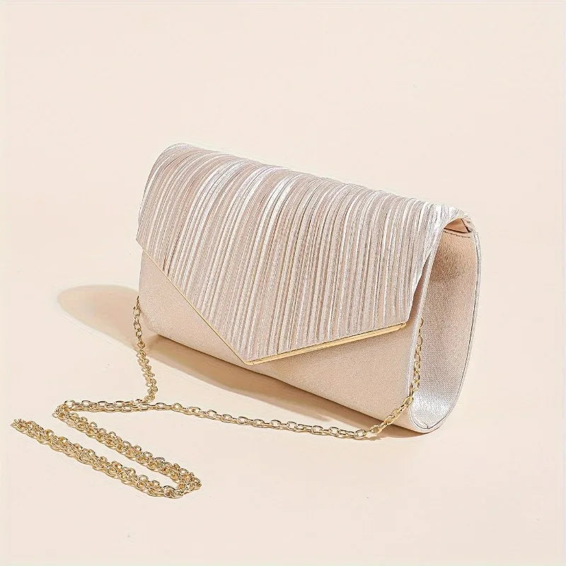 Champagne Pleated Envelope Clutch, Elegant Evening Crossbody Bag with Gold Chain Strap Detachable, for Wedding Formal Events