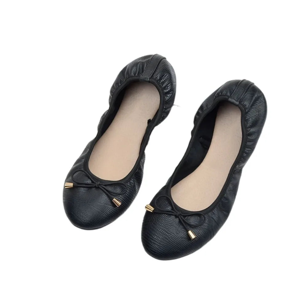 Solid Color Shallow Mouth PU Ballet Shoes Thread Bowknot Ballet Flats Women Foldable Lightweight Chicken Rolls Dance Shoes Yoga