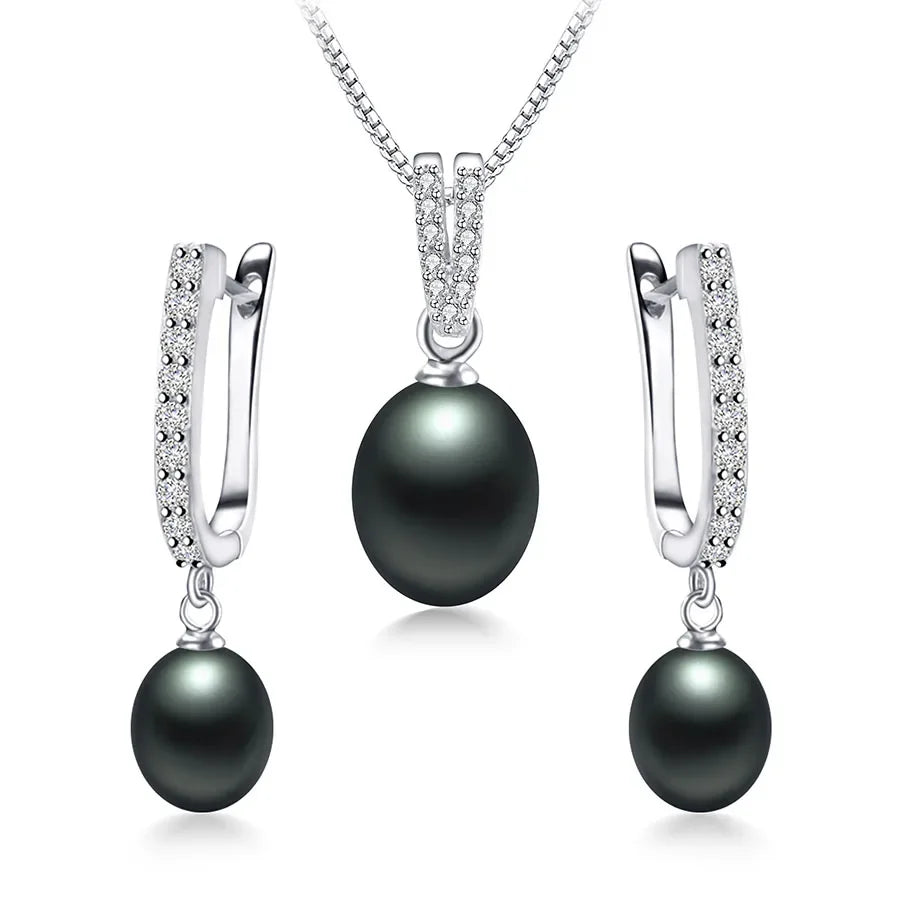 YWYC Horseshoe 8-9mm Rice Freshwater Pearl Earrings&Necklaces Jewelry Set for Women 925 Sterling Silver 45cm Pendant Necklace