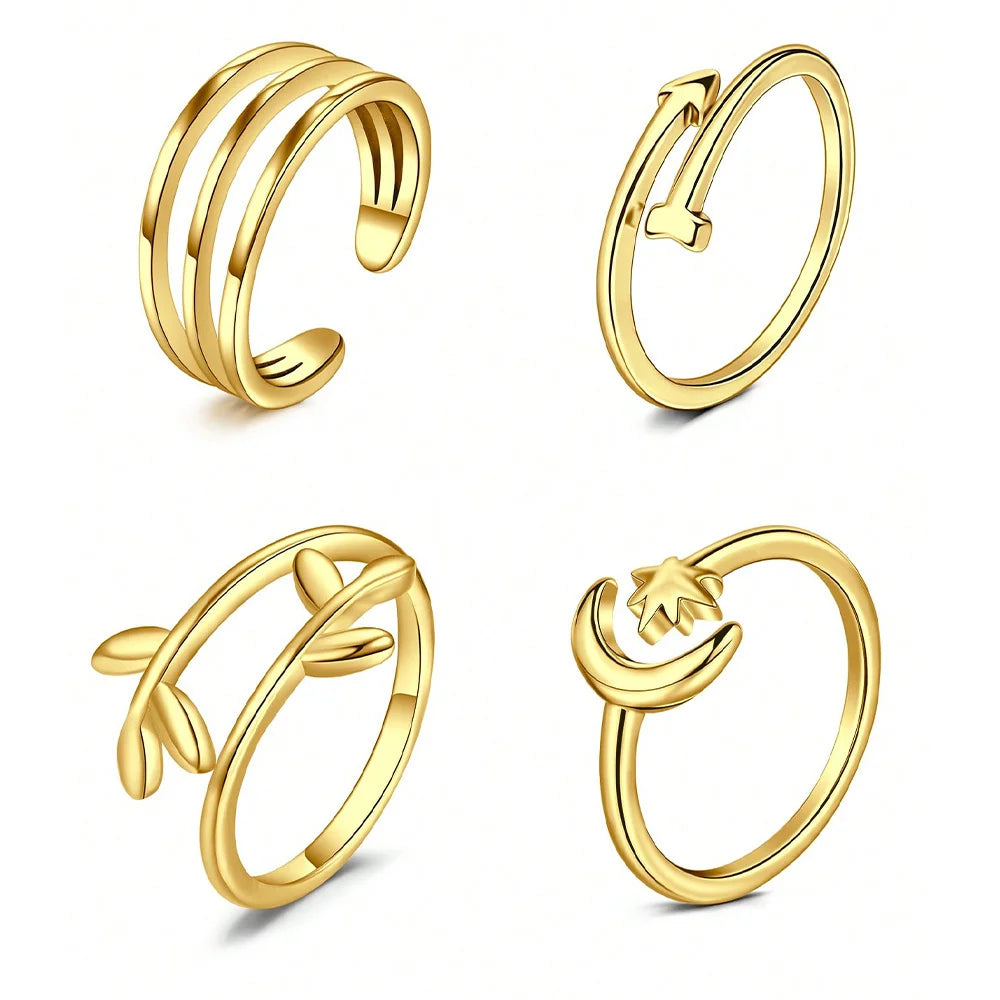 4pcs Stainless Steel Toe Ring Pack Set Hollow Love Flower Leaves Spot Drill Moon Multi-Style Size Adjustable Summer Beach Must