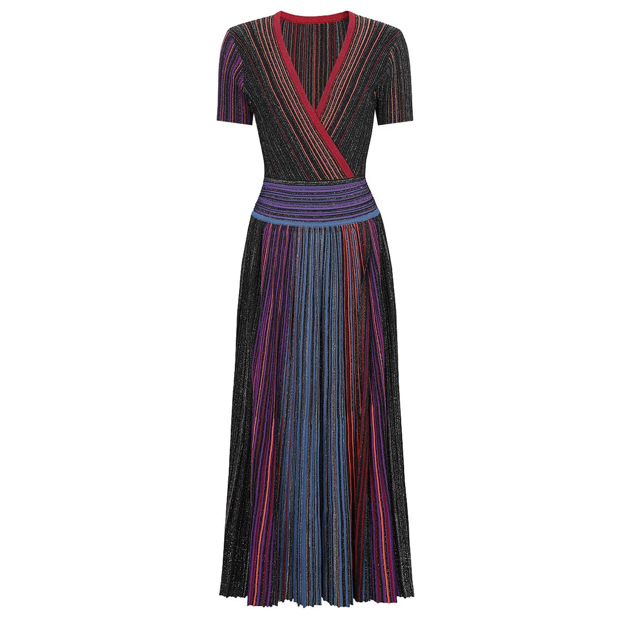 ZJYT Europe Fashion Summer Striped Pleated Knitted Dresses for Women Elegant V Neck Short Sleeve Midi Vintage Holiday Dress 2026