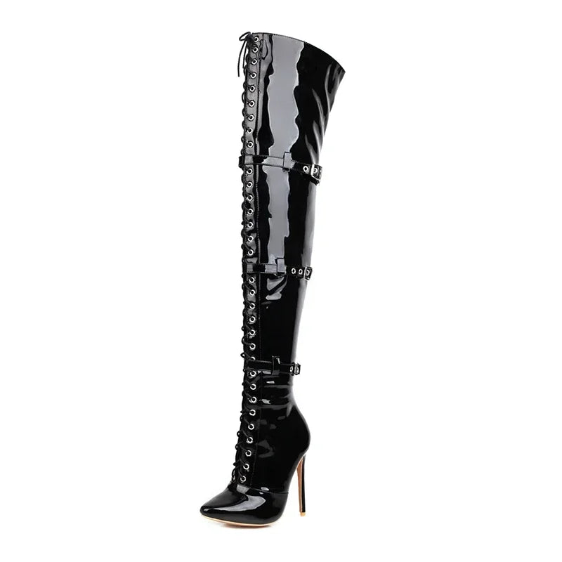 Women Sexy Cross Tied Thigh High Boots Pointed Toe Thin High Heels Over The Knee Boots Patent Leather Shoes Woman 33-46
