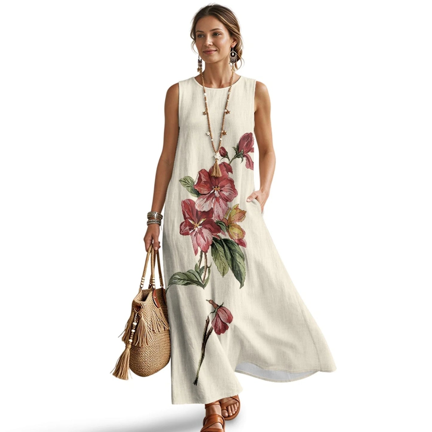 Imitation Linen Loose Vest Long Skirt Elegant Floral Summer Dresses for Women Line Sleeveless Sundresses with Pockets