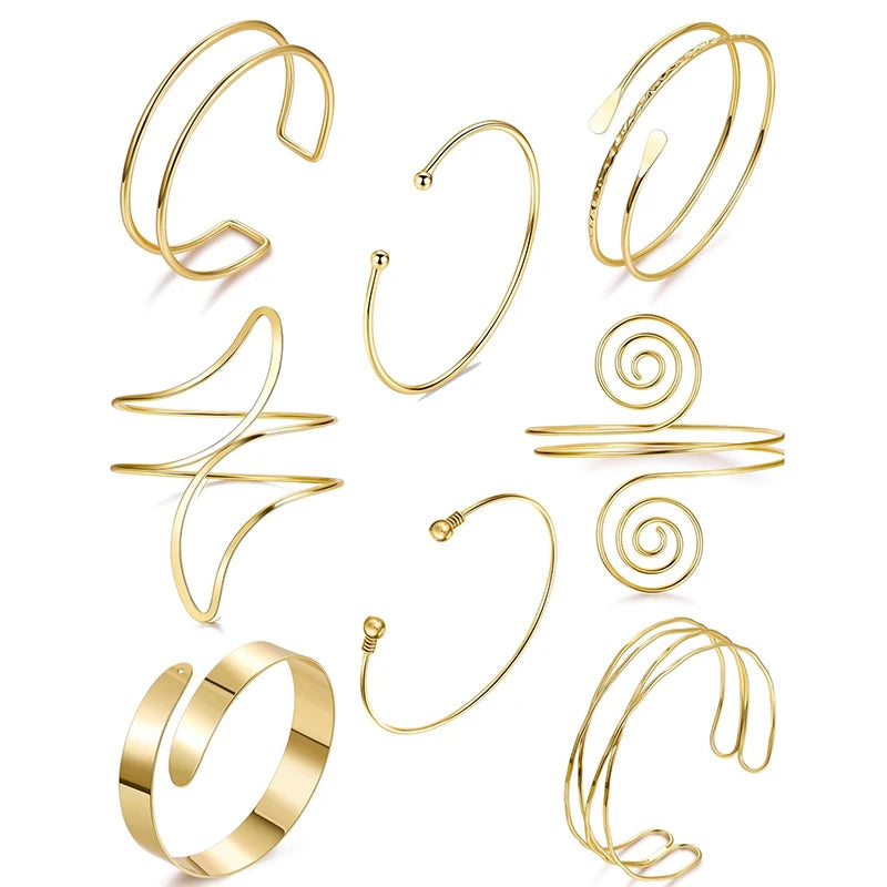 FTCY 8 Pcs Arm Cuff Bracelet for Women Gold Color Adjustable Layered Coil Swirl Armlet Bangles Jewelry Set for OutSide