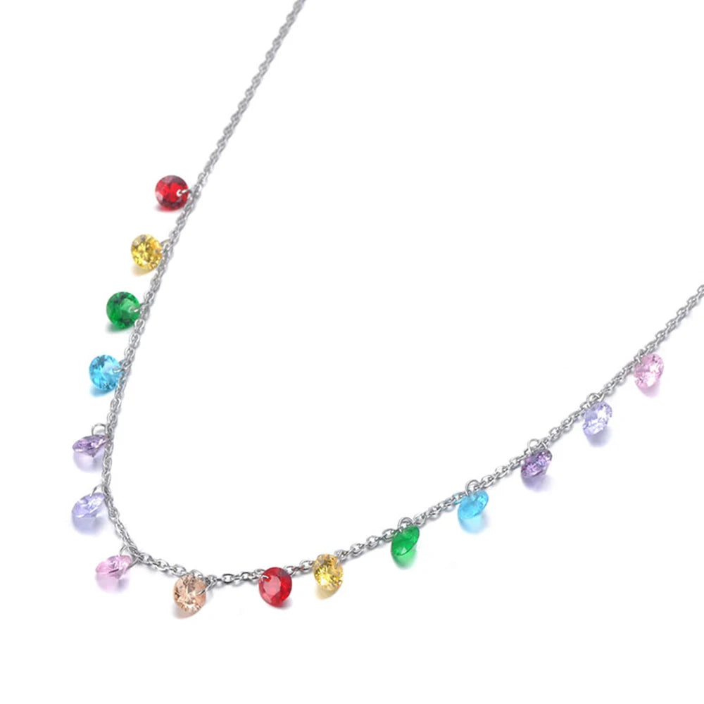 JeeMango Fashion Bohemia Stainless Steel Colorful CZ Crystal Choker Necklace Summer Beach Pendant Necklace For Women JN19125