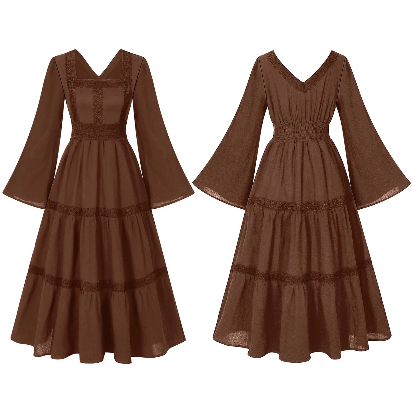 2025 New Beige Halloween/Christmas Square Neck Lace Trim Bell Sleeve Dress for Women, Halloween/Christmas COS Costumes Long Sirt