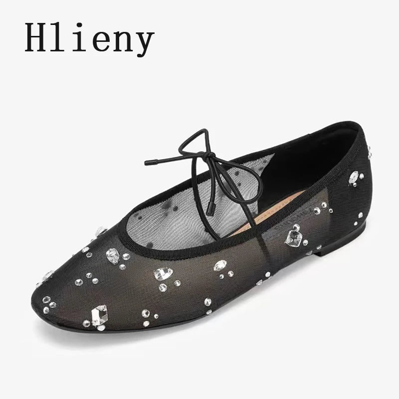 Hlieny Fashion Lace Up Mary Jane Shoes Women Elegant Ballet Flats Crystal Rhinestone Mesh Round Toe Loafers Ladies Mules Sandals