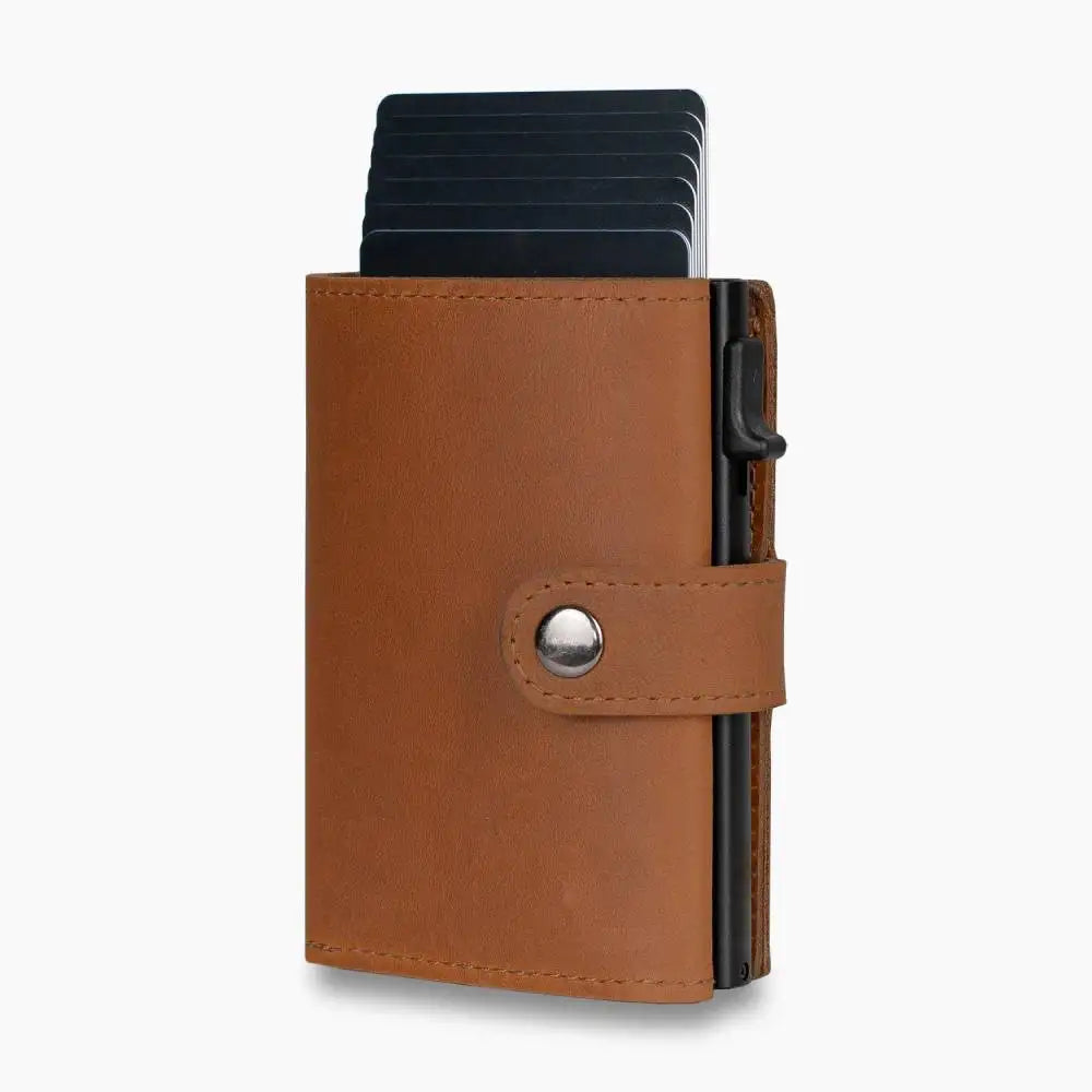 Casekey Men Credit Metal Card Holder RFID Blocking Minimalist Crazy Horse Genuine Leather Pop Up Trifold Wallet with Coin Purse