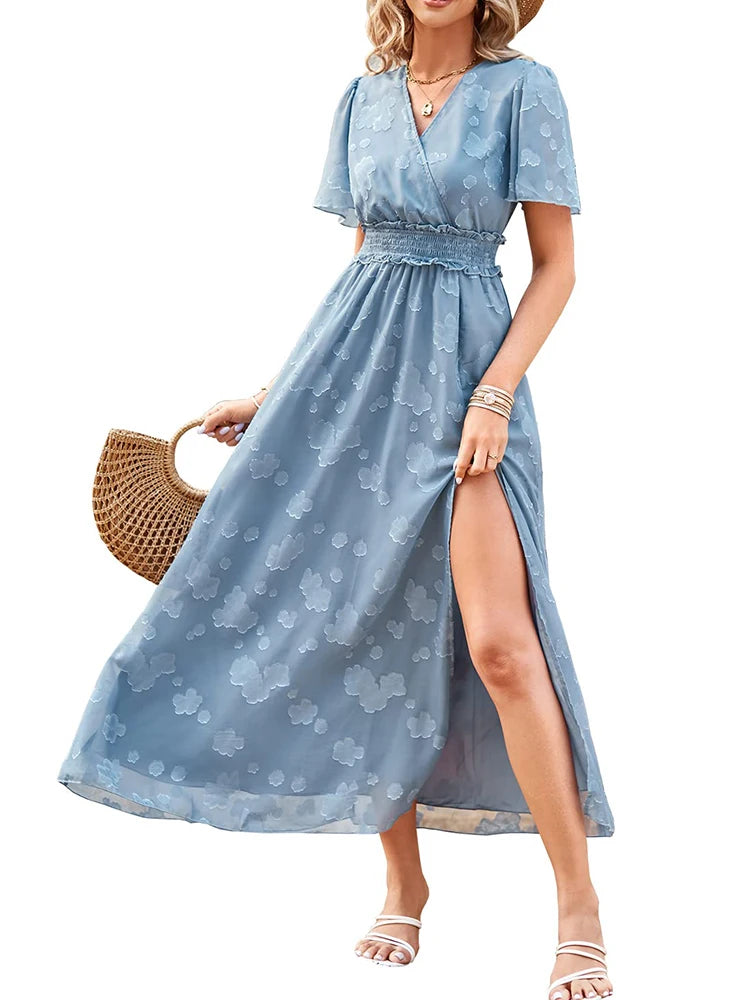 Maxi Dress Casual Summer V Neck Puff Sleeve High Waist Lace Up Dress Elegant Flowy Dress Sleeveless for Women Thigh Slit Crosso