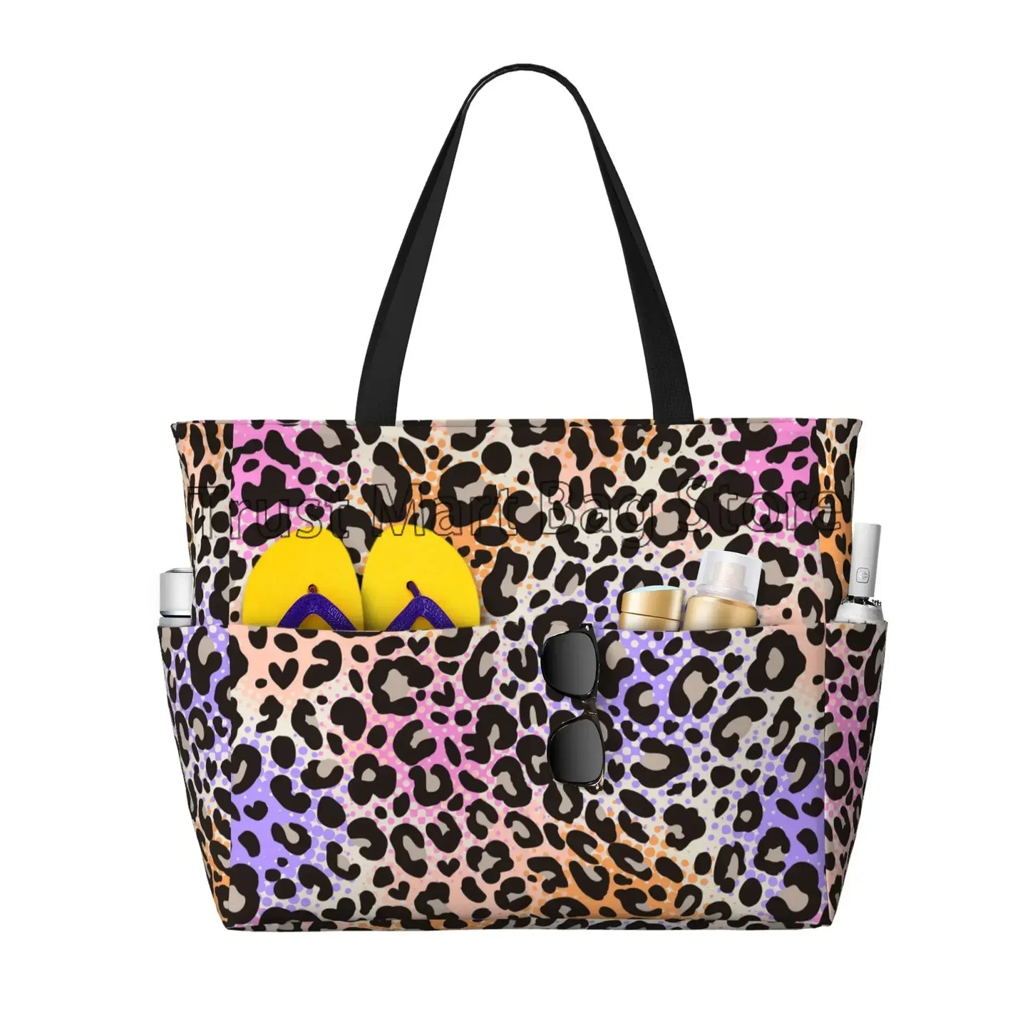 Leopard Print Large Waterproof Beach Bag for Women Sandproof Tote Bag Pool Bag with Zipper and Pockets for Travel Vacation Gym