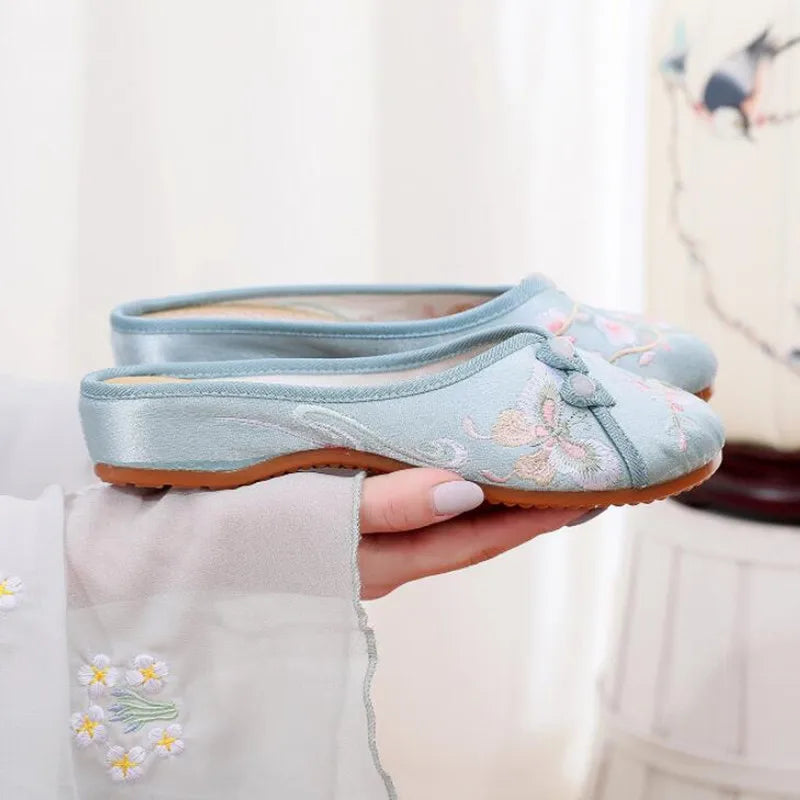 Ethnic Embroidered Satin Slippers for Women Summer Vintage Slides Ladies Dress Shoes Female Closed Toe Backless Sandals