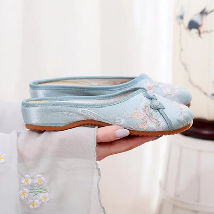 Ethnic Embroidered Satin Slippers for Women Summer Vintage Slides Ladies Dress Shoes Female Closed Toe Backless Sandals