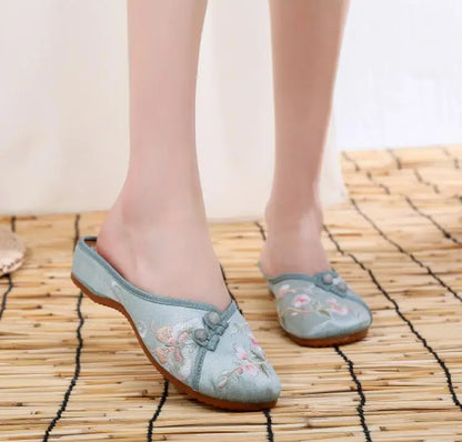 Ethnic Embroidered Satin Slippers for Women Summer Vintage Slides Ladies Dress Shoes Female Closed Toe Backless Sandals