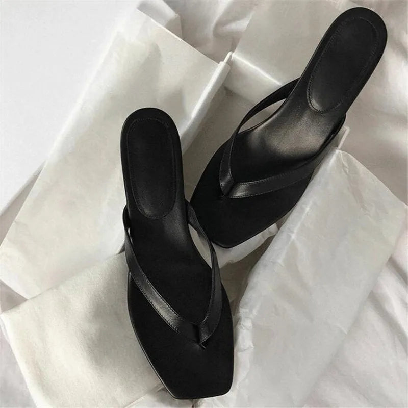 New Summer Square Toe Flip Flops Heel Sandals Women Stiletto Heels Kitten Heel Sandalias Mujer Summer Luxury Slipper Women