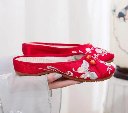 Ethnic Embroidered Satin Slippers for Women Summer Vintage Slides Ladies Dress Shoes Female Closed Toe Backless Sandals