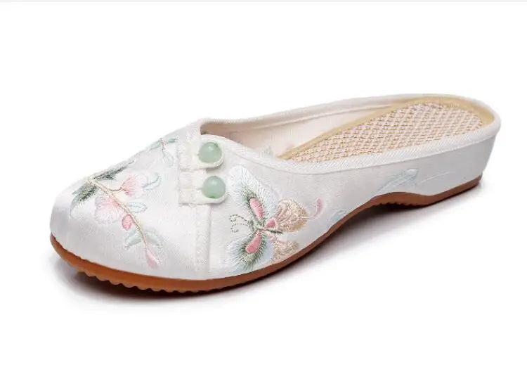 Ethnic Embroidered Satin Slippers for Women Summer Vintage Slides Ladies Dress Shoes Female Closed Toe Backless Sandals