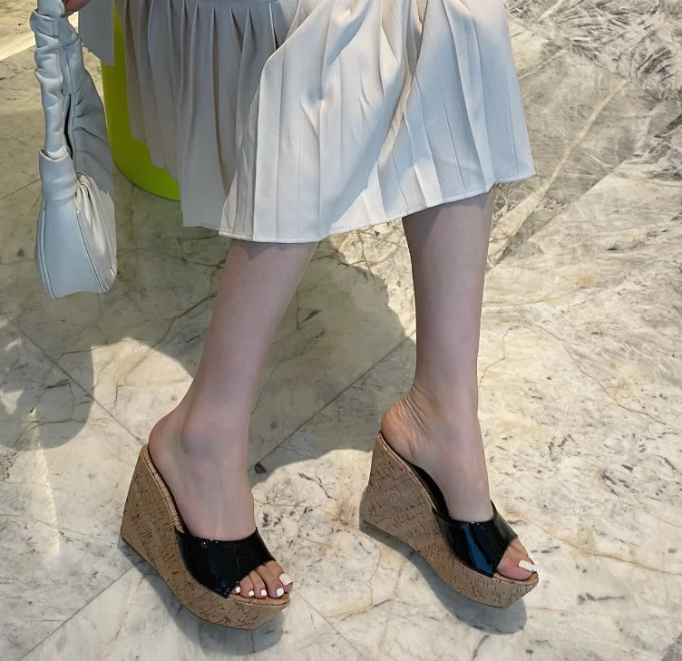 AIYKAZYSDL Women Peep Toe Pumps Wood Cork Heels Platform Shoes Wedge High Heel Slide Mule Outdoor Shoes Casual Summer Slippers
