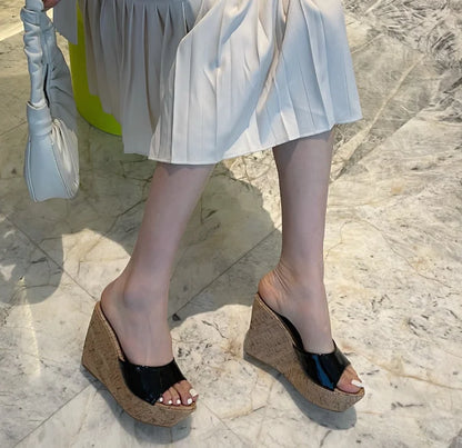 AIYKAZYSDL Women Peep Toe Pumps Wood Cork Heels Platform Shoes Wedge High Heel Slide Mule Outdoor Shoes Casual Summer Slippers