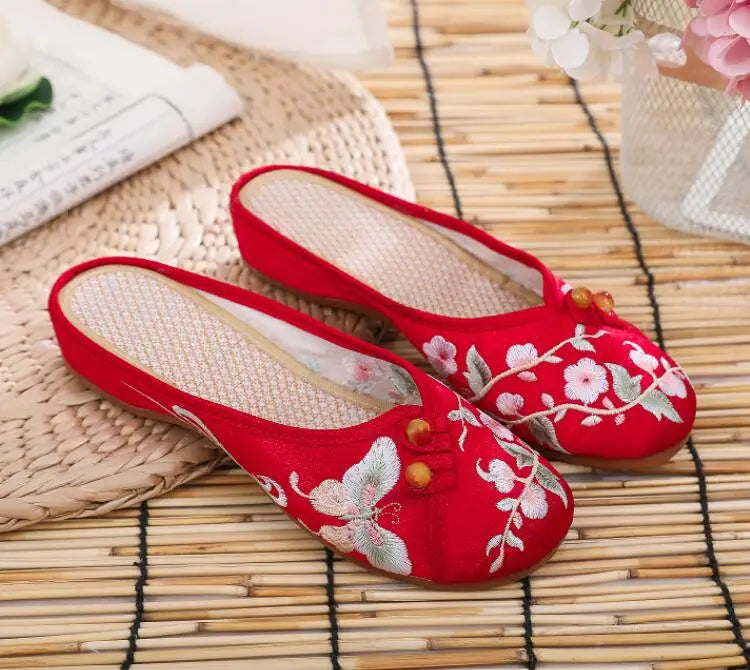Ethnic Embroidered Satin Slippers for Women Summer Vintage Slides Ladies Dress Shoes Female Closed Toe Backless Sandals