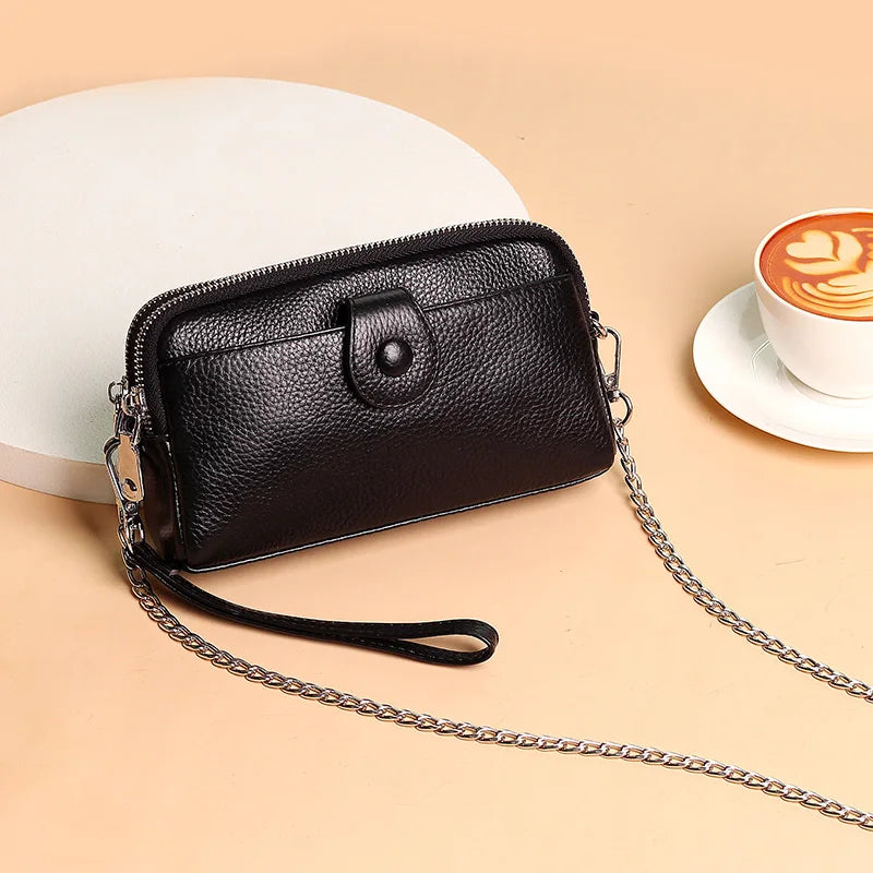 Genuine Leather women Long wallet Ladies Clutch Purses Double Deck Zipper Wrist Bag Female Sling bag chain Phone Crossbody bags