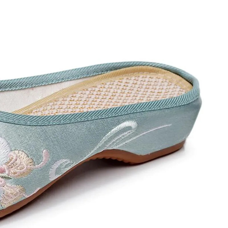 Ethnic Embroidered Satin Slippers for Women Summer Vintage Slides Ladies Dress Shoes Female Closed Toe Backless Sandals