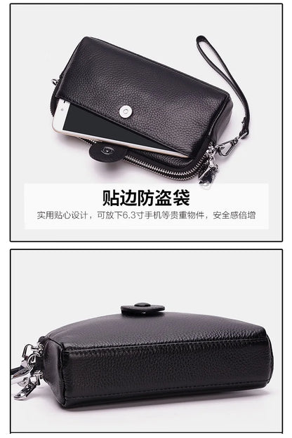 Genuine Leather women Long wallet Ladies Clutch Purses Double Deck Zipper Wrist Bag Female Sling bag chain Phone Crossbody bags