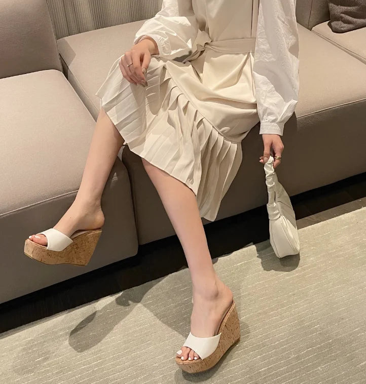 AIYKAZYSDL Women Peep Toe Pumps Wood Cork Heels Platform Shoes Wedge High Heel Slide Mule Outdoor Shoes Casual Summer Slippers