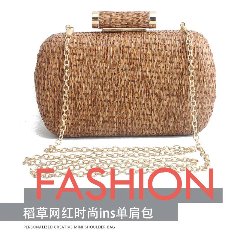 Summer Fashion Hand-woven Straw Bag Women Metal Clutches Chain Shoulder bag Crossbody Bags Ladies Party Evening Clutch Purse sac