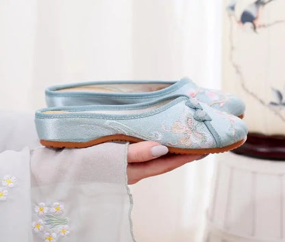 Ethnic Embroidered Satin Slippers for Women Summer Vintage Slides Ladies Dress Shoes Female Closed Toe Backless Sandals