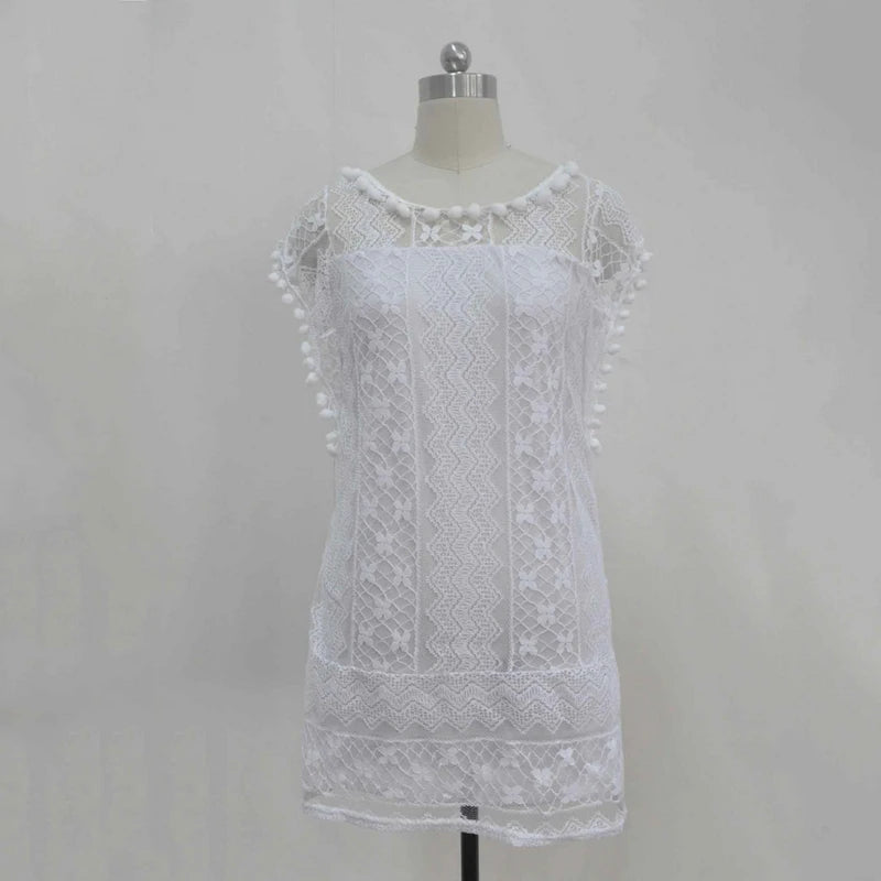 Summer White Women Dress 2024 Casual Sleeveless Beach Short Dress Female Sexy Tassel Mini Lace Dress Vestidos De Tricô Femenino