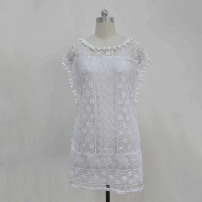 Summer White Women Dress 2024 Casual Sleeveless Beach Short Dress Female Sexy Tassel Mini Lace Dress Vestidos De Tricô Femenino