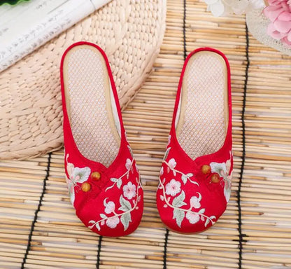 Ethnic Embroidered Satin Slippers for Women Summer Vintage Slides Ladies Dress Shoes Female Closed Toe Backless Sandals