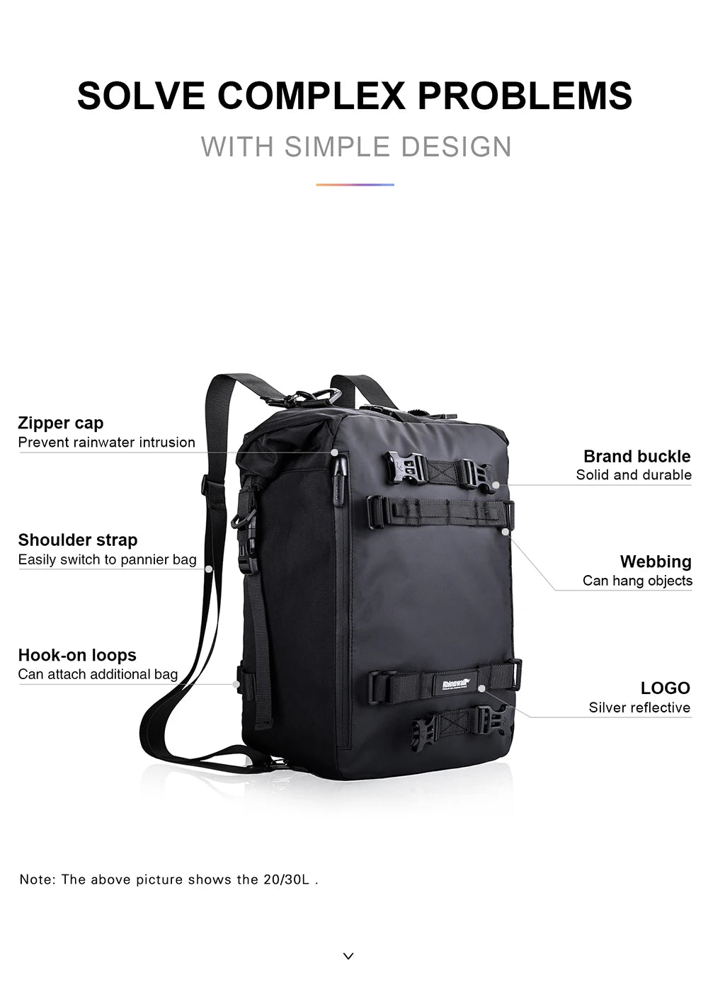Rhinowalk Motorcycle Back Seat Bag 10/20/30L Waterproof Multifunctional Saddle Side Luggage Bag cycling backpack Universal