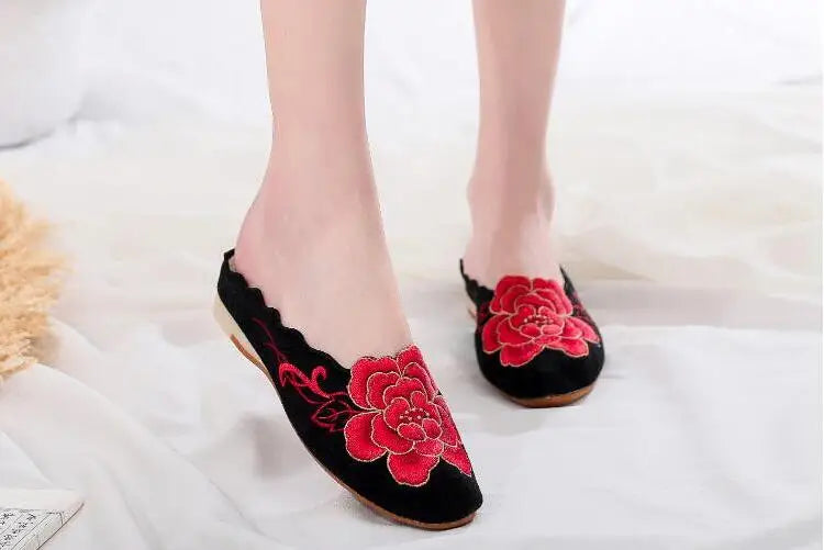 Ethnic Embroidered Satin Slippers for Women Summer Vintage Slides Ladies Dress Shoes Female Closed Toe Backless Sandals