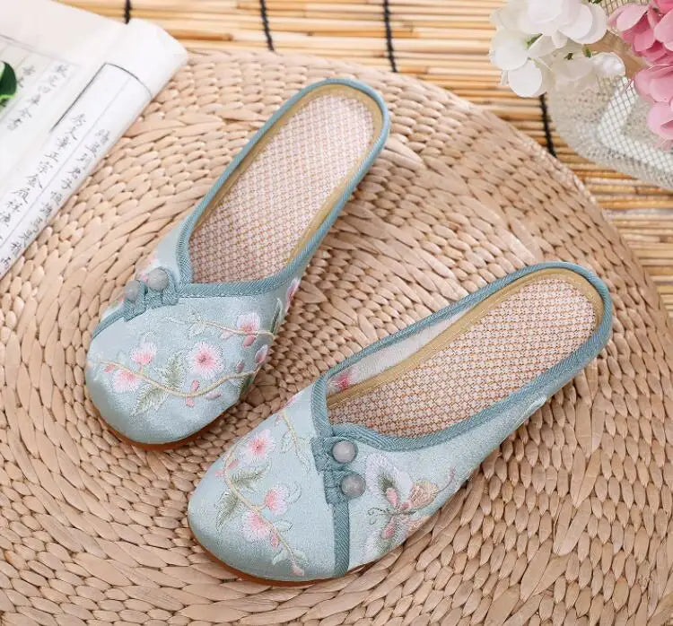 Ethnic Embroidered Satin Slippers for Women Summer Vintage Slides Ladies Dress Shoes Female Closed Toe Backless Sandals