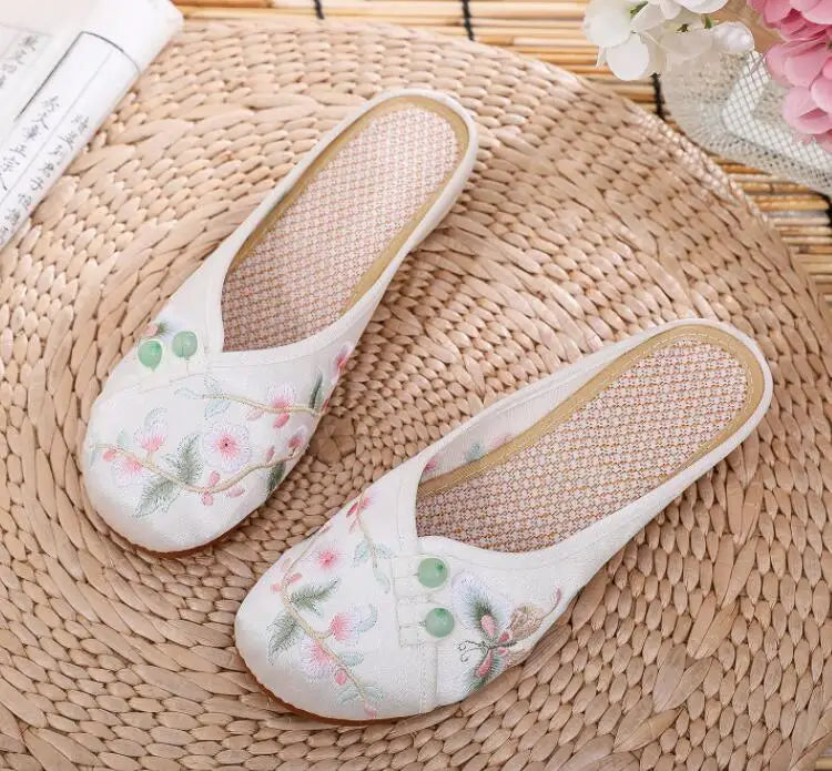 Ethnic Embroidered Satin Slippers for Women Summer Vintage Slides Ladies Dress Shoes Female Closed Toe Backless Sandals
