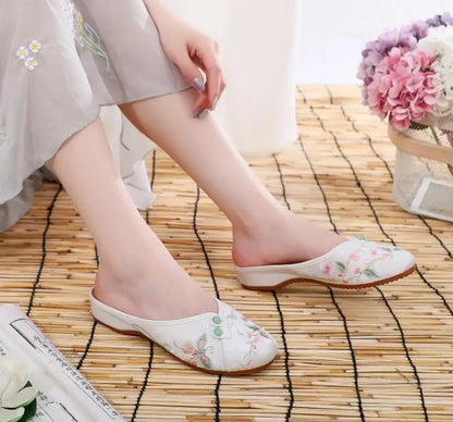 Ethnic Embroidered Satin Slippers for Women Summer Vintage Slides Ladies Dress Shoes Female Closed Toe Backless Sandals