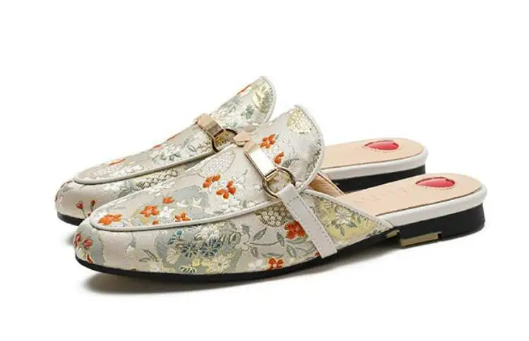 Ethnic Embroidered Satin Slippers for Women Summer Vintage Slides Ladies Dress Shoes Female Closed Toe Backless Sandals