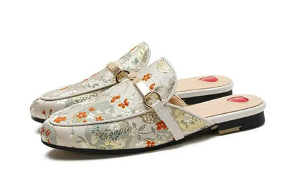 Ethnic Embroidered Satin Slippers for Women Summer Vintage Slides Ladies Dress Shoes Female Closed Toe Backless Sandals