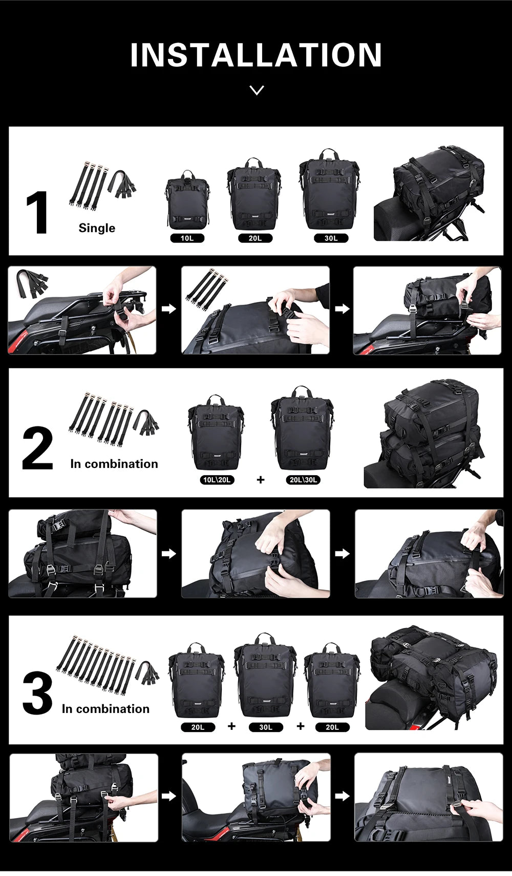 Rhinowalk Motorcycle Back Seat Bag 10/20/30L Waterproof Multifunctional Saddle Side Luggage Bag cycling backpack Universal