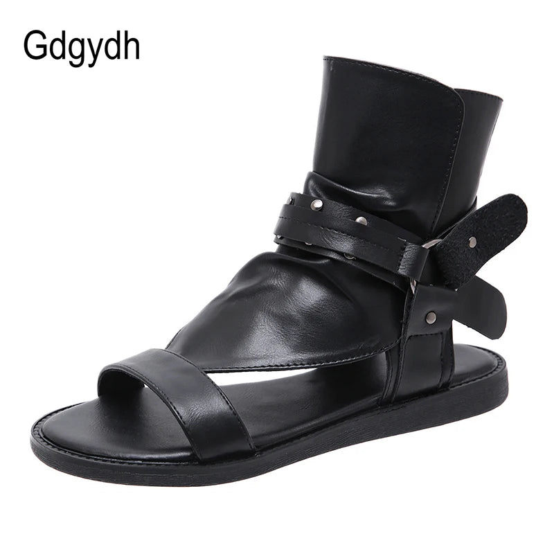 Gdgydh Cosplay Amine Japanese Style Flat Gladiator Sandals Women Buckle Ankle Strap Soft Leather Open Toe Beach Shoes Zipper