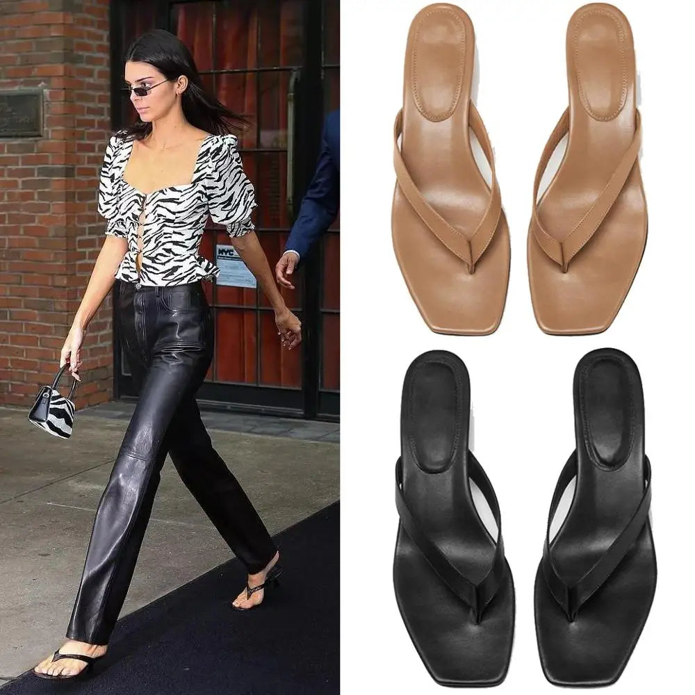 New Summer Square Toe Flip Flops Heel Sandals Women Stiletto Heels Kitten Heel Sandalias Mujer Summer Luxury Slipper Women