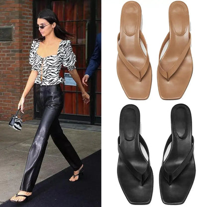 New Summer Square Toe Flip Flops Heel Sandals Women Stiletto Heels Kitten Heel Sandalias Mujer Summer Luxury Slipper Women