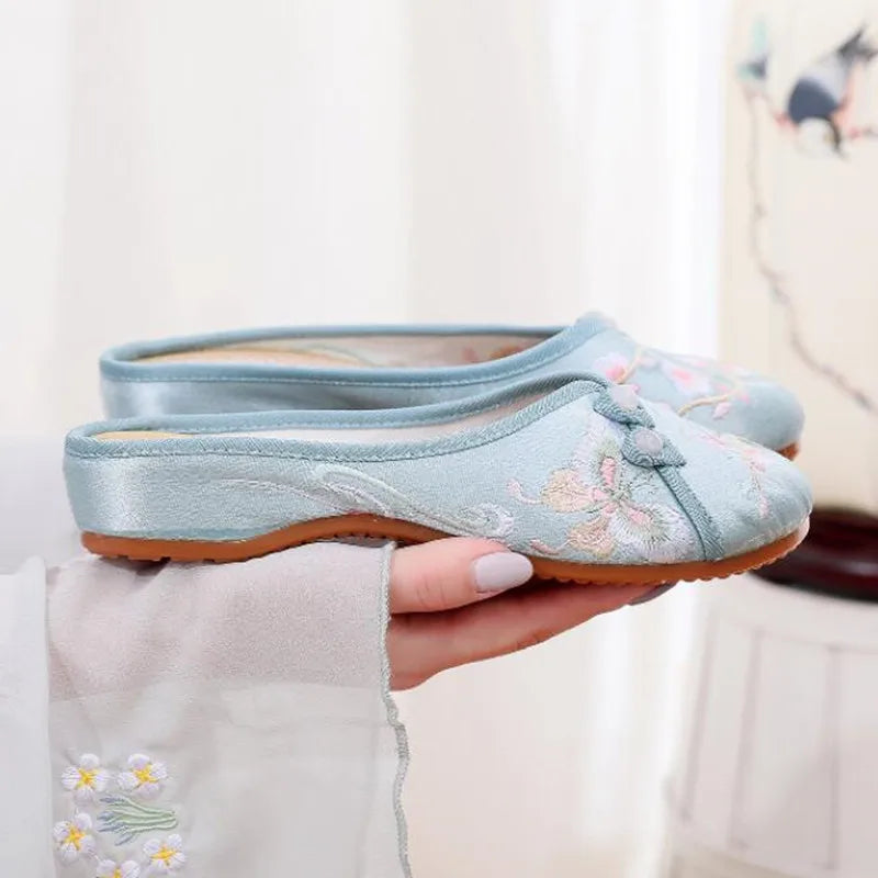 Ethnic Embroidered Satin Slippers for Women Summer Vintage Slides Ladies Dress Shoes Female Closed Toe Backless Sandals
