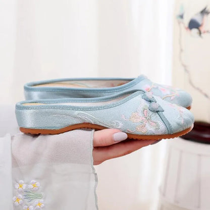 Ethnic Embroidered Satin Slippers for Women Summer Vintage Slides Ladies Dress Shoes Female Closed Toe Backless Sandals