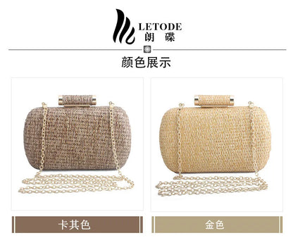 Summer Fashion Hand-woven Straw Bag Women Metal Clutches Chain Shoulder bag Crossbody Bags Ladies Party Evening Clutch Purse sac