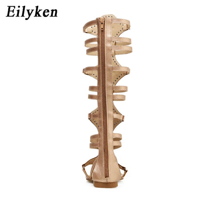 Eilyken 2026 New Golden Gladiator Roman Women Boots Sandals PU Leather Open Toe Knee High Rivet Leisure Flat Shoes