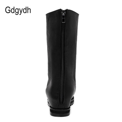 Gdgydh Zipper Design Black Women Shoes Wedges 2022 New Spring Autumn Open Toe Leather Mid-Calf Boots For Women Promotion Sale