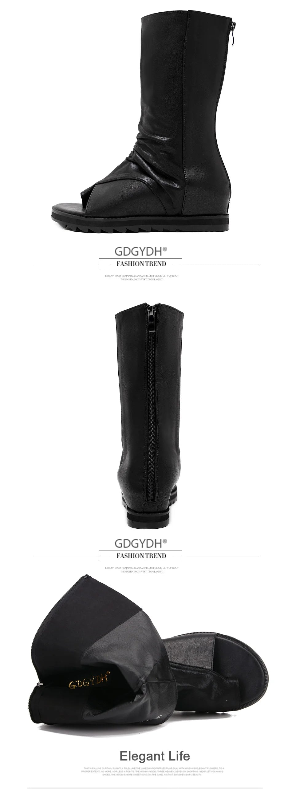 Gdgydh Zipper Design Black Women Shoes Wedges 2022 New Spring Autumn Open Toe Leather Mid-Calf Boots For Women Promotion Sale